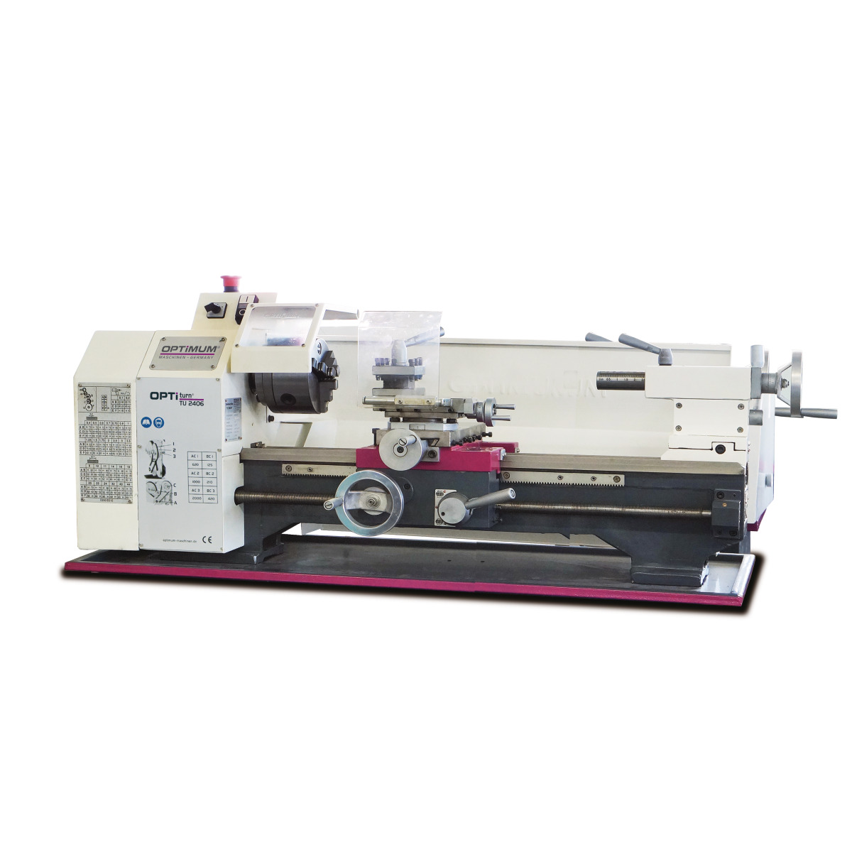 Komplette Drehmaschine mit Bedieneinheit, Spannfutter und Werkzeugschlitten.