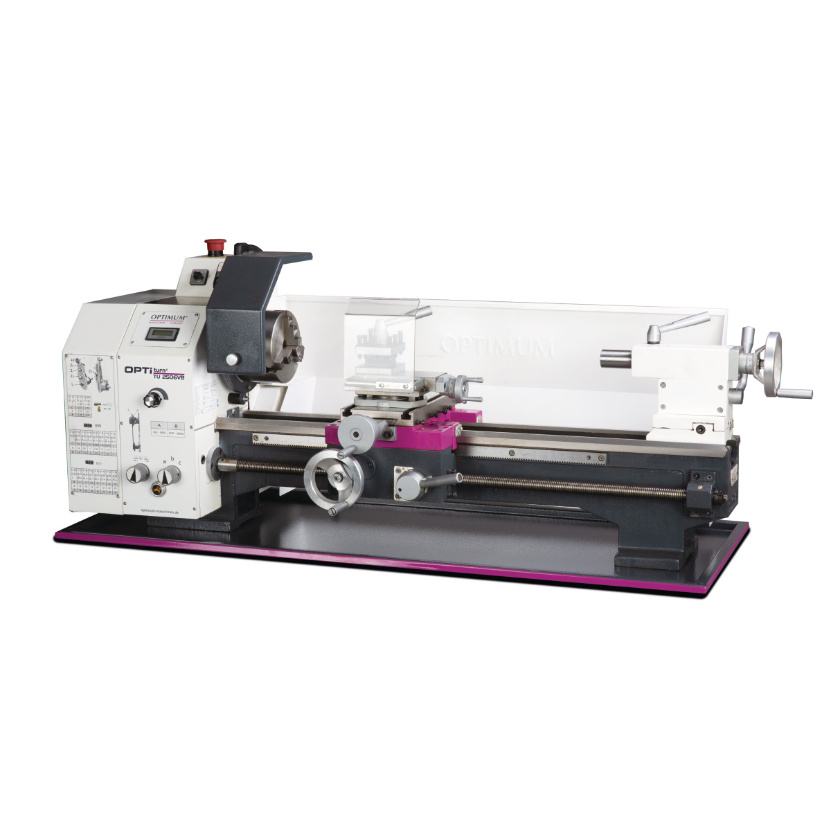 Drehmaschine ohne Untergestell mit Spannfutter, Werkzeugschlitten und Reitstock.