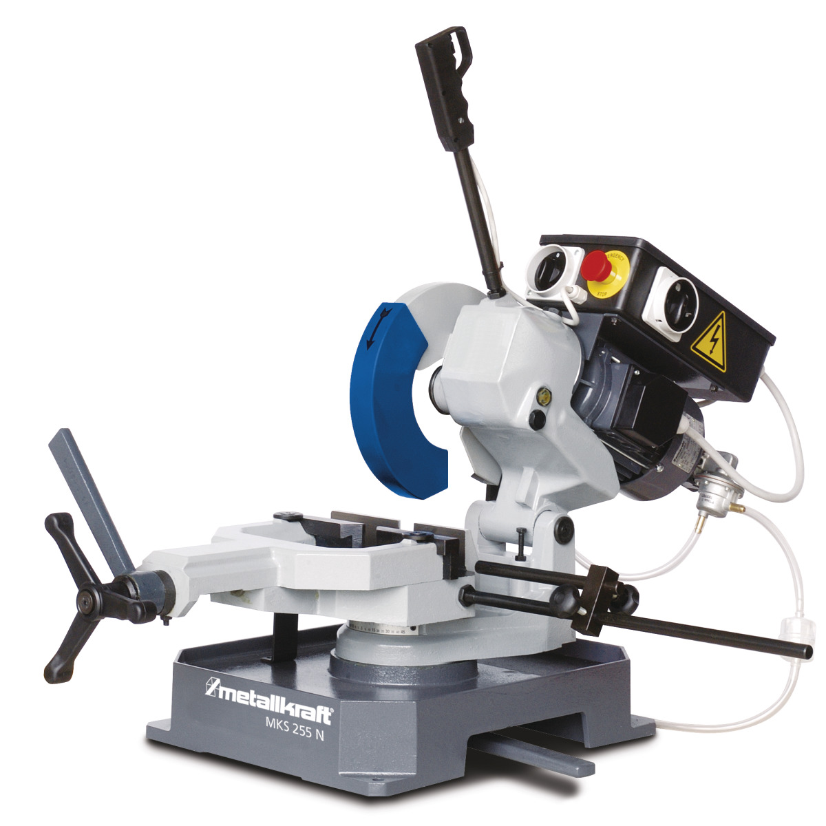 Metallkreissäge mit blauem Sägeblatt, Spannvorrichtung, Handhebel und Steuerkasten mit Not-Aus und Bedienelementen.