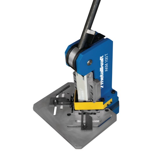 Seitenansicht der PKM 100 T mit gelbem Messerhalter und blauem Gehäuse.