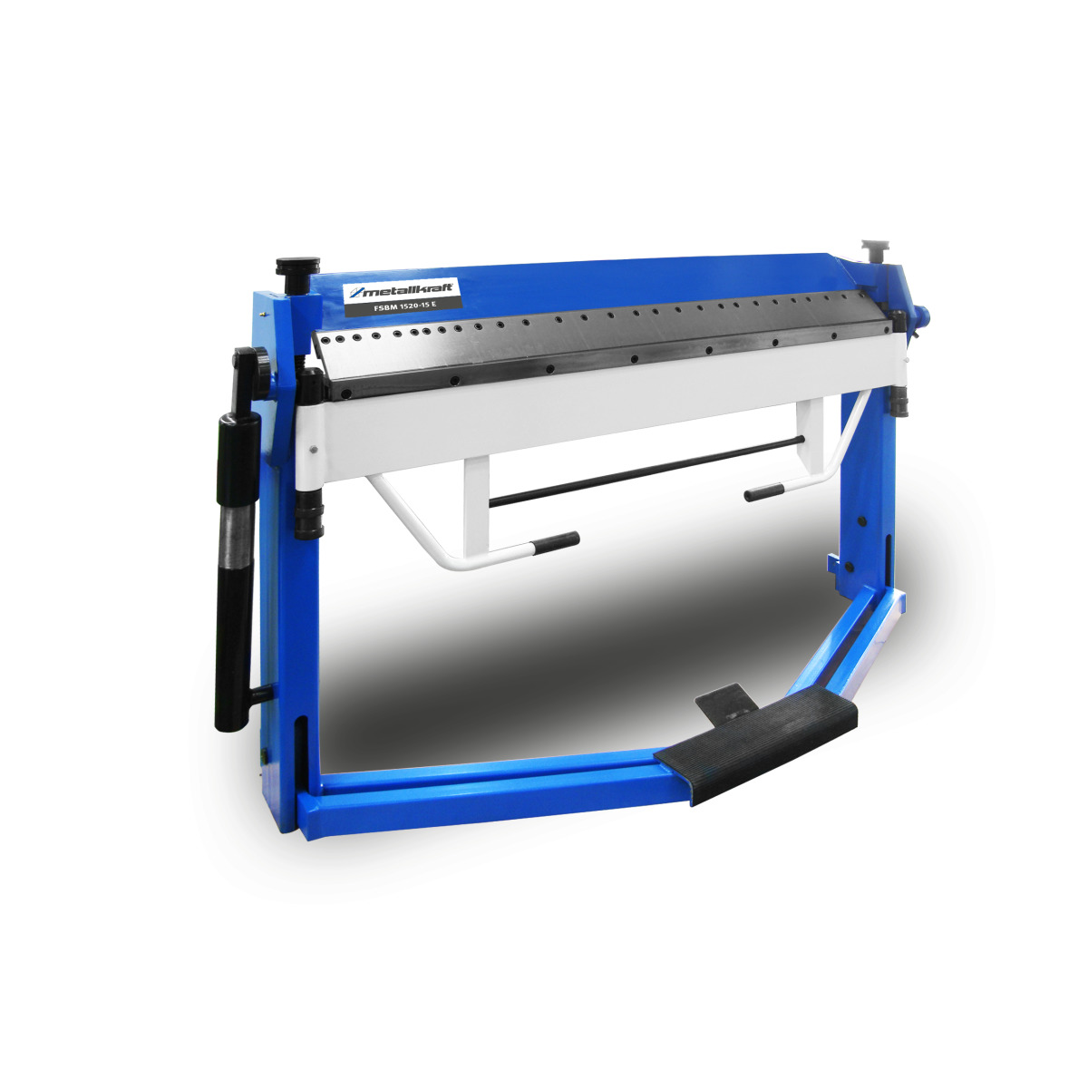 Geöffnete blaue Blechbiegemaschine mit weißem Griffbügel und schwarzem Hebel, Vorderansicht.