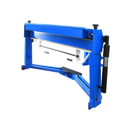 Manuelle Schwenkbiegemaschine FSBM 1520-15 E Teilgeöffnete blaue Blechbiegemaschine mit Fußpedal und hydraulischem Hebel, seitliche Ansicht.