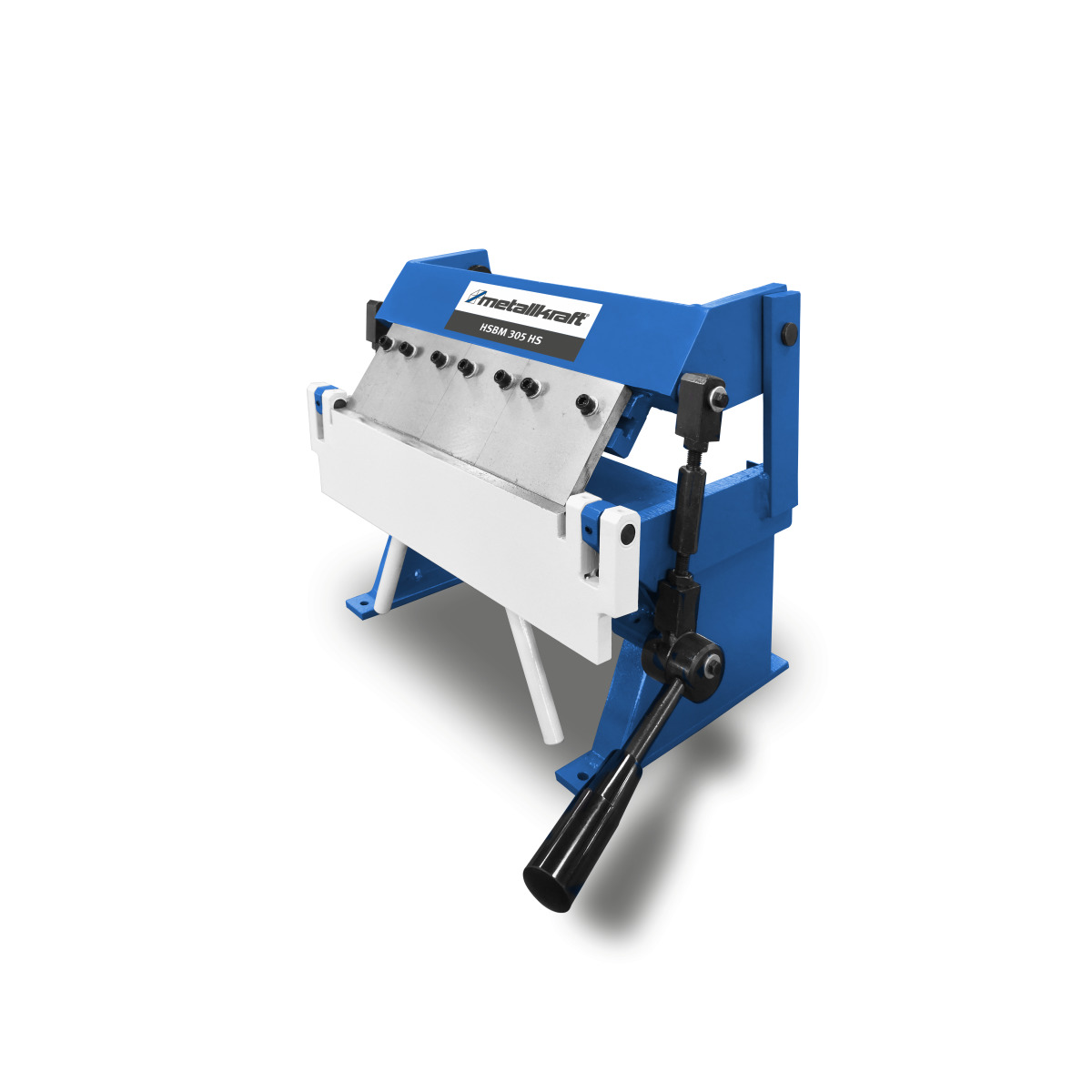 Schrägansicht einer blauen und weißen manuellen Blechbiegemaschine mit schwarzem Hebel rechts.