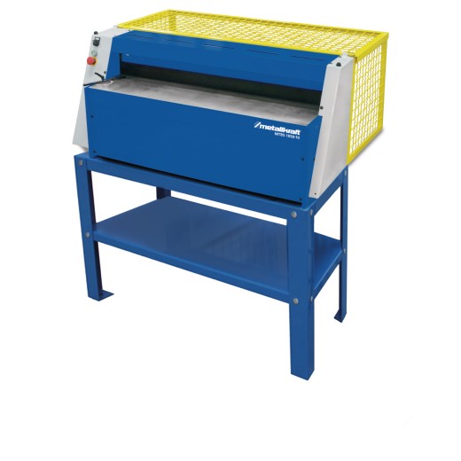Motorische Tafelblechschere MTBS 1050-10 Blaue Biegemaschine mit gelbem Schutzgitter, auf Metallständer montiert.