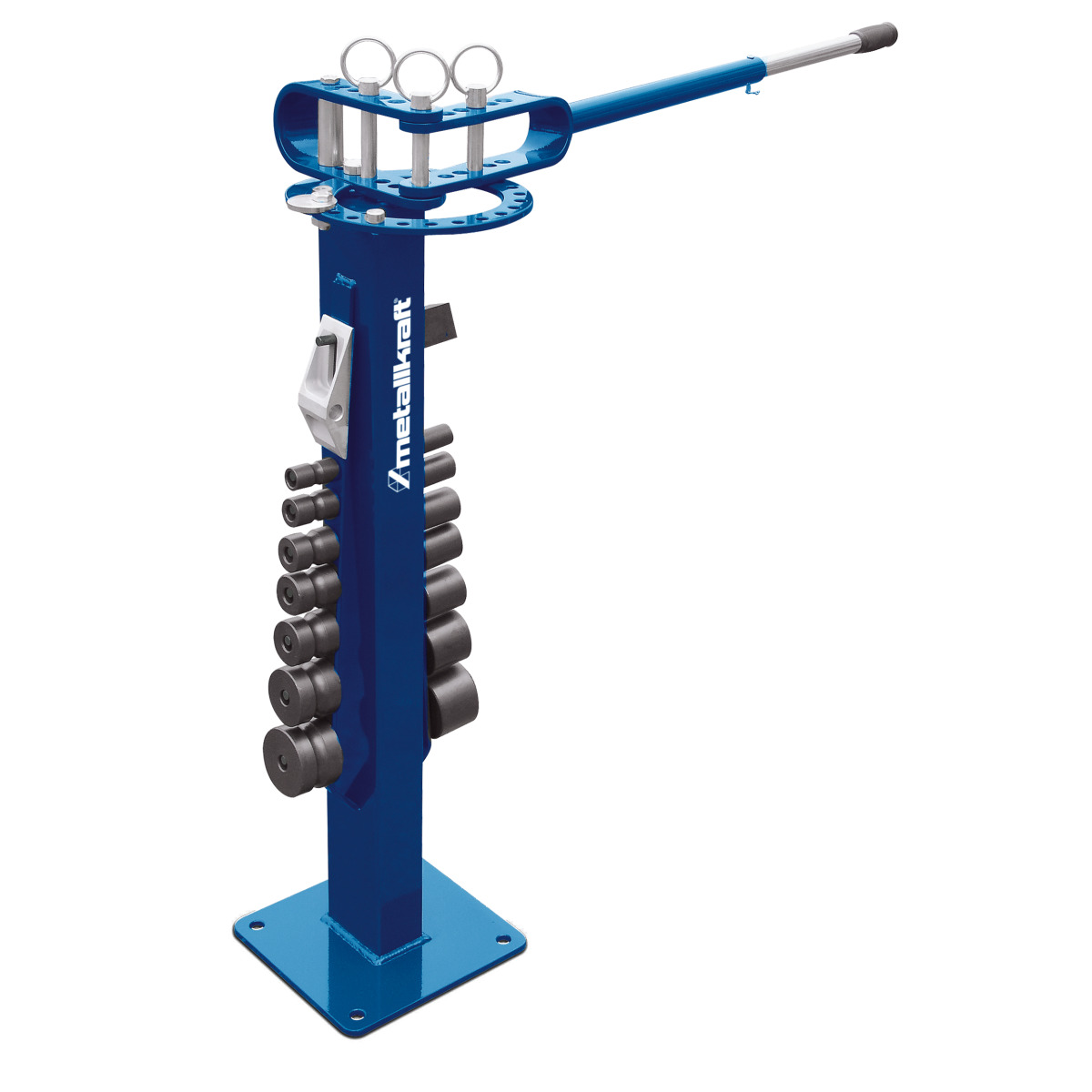 Freistehende Profilbiegemaschine mit langem Hebelarm und seitlich angebrachten Biegerollen.