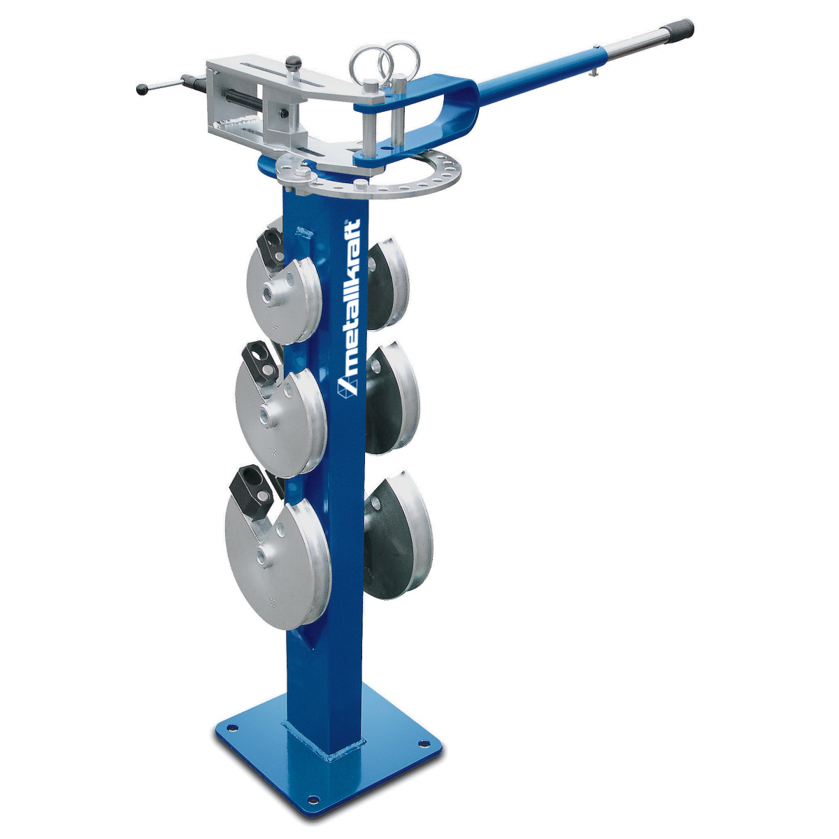 Freistehende Rohrbiegemaschine in blauer Ausführung mit Hebelarm und montierten Biegescheiben.