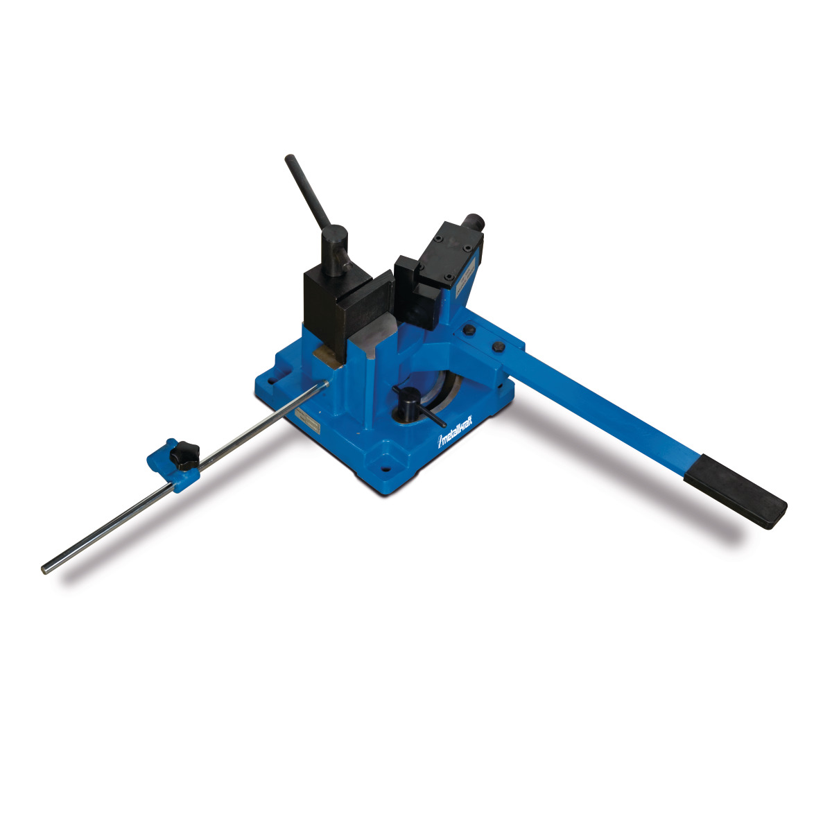 Manuelle Profilbiegemaschine in blauer Ausführung mit langem Hebelarm und Anschlagstange.