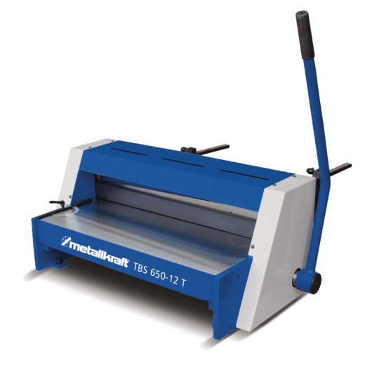 Kompakte blaue und weiße manuelle Blechschere mit seitlichem Handhebel.