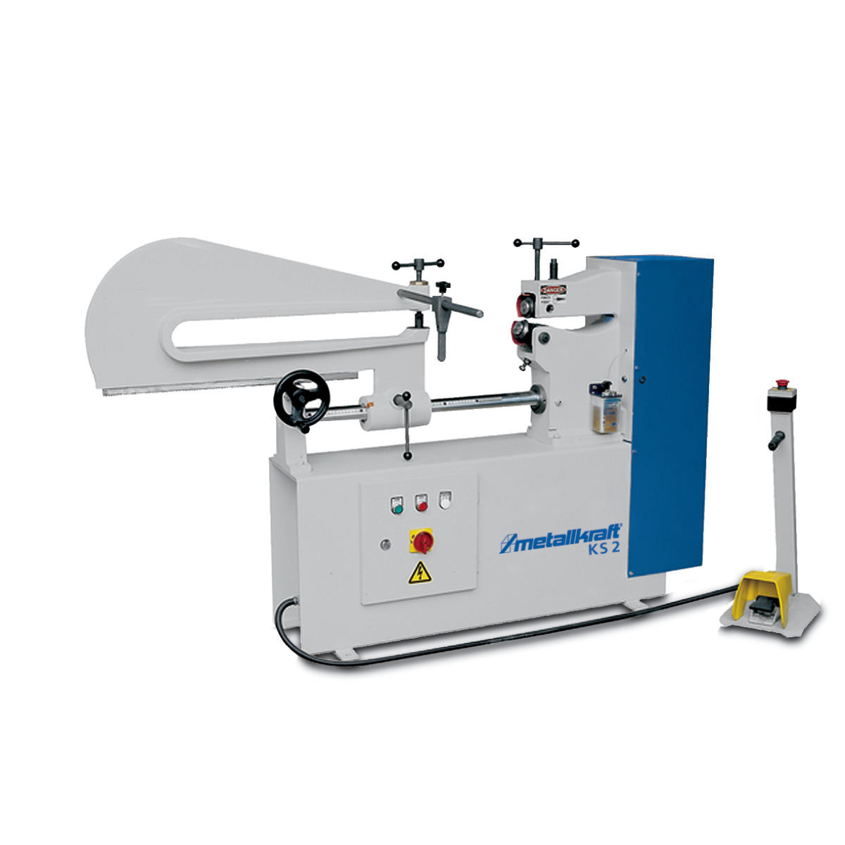 Elektrische Kreisschere in grau-blauer Ausführung mit großem Ausleger, Bedienelementen und Fußpedal.