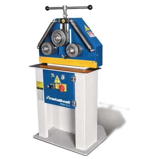 Freistehende blaue und weiße Profilbiegemaschine mit drei Walzen und Handkurbel oben.