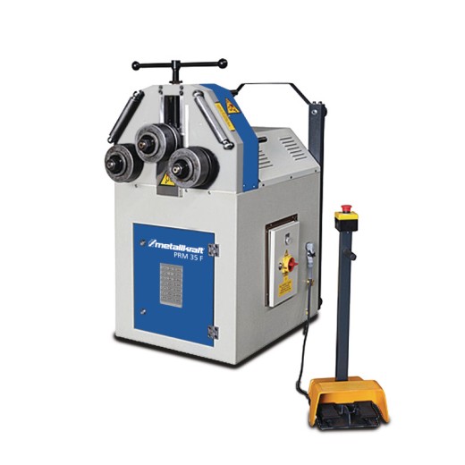 Blaue und weiße Profilbiegemaschine mit drei Rollen, gelbem Fußpedal und seitlichen Griffen zur Rollenverstellung.