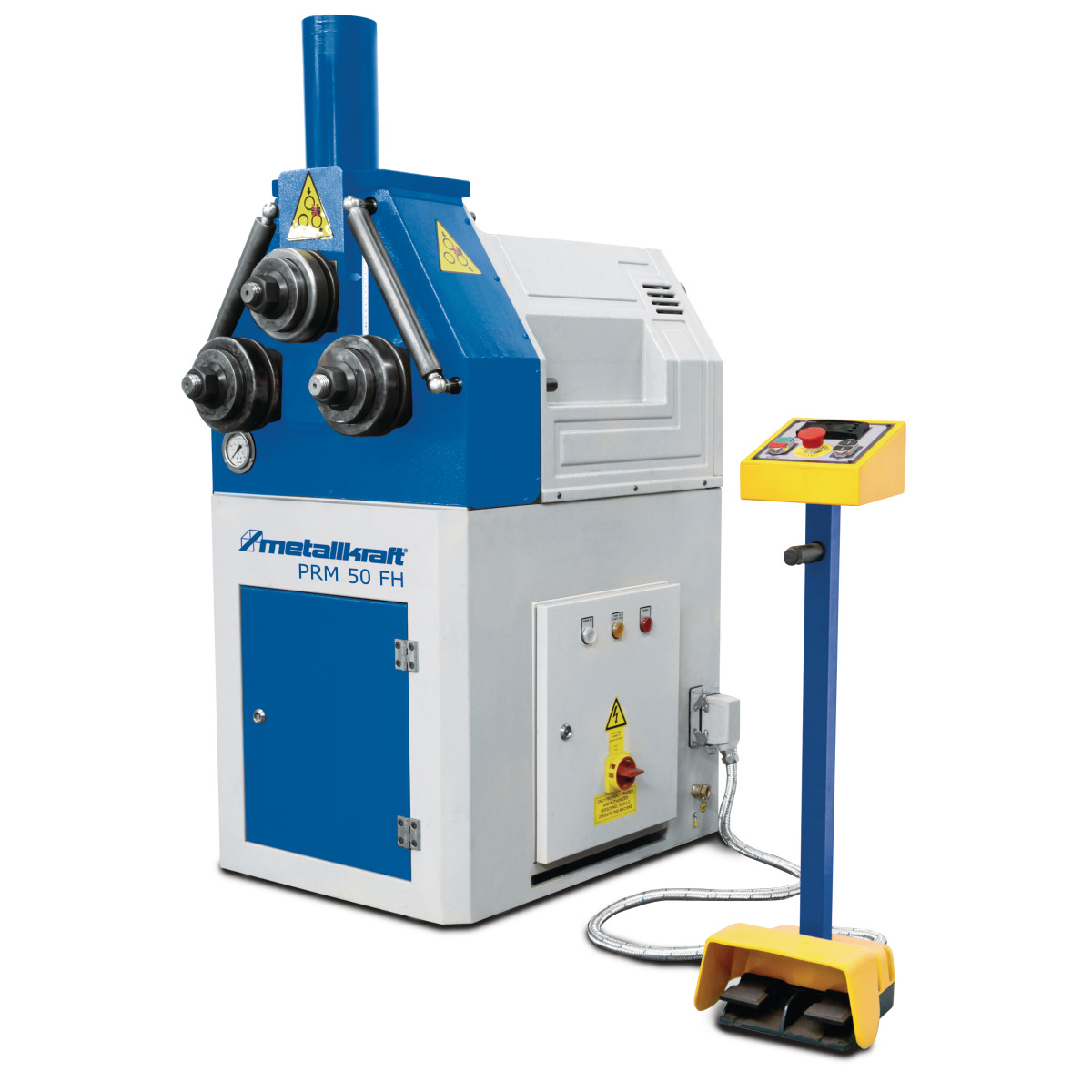 Profilbiegemaschine in blau-weißer Ausführung mit externem Bedienpult und Fußschalter.