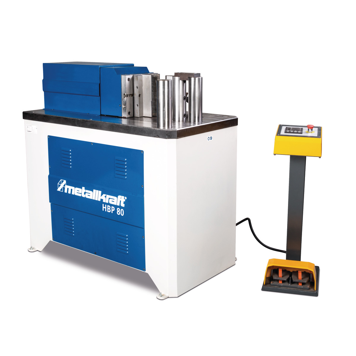 Metallbearbeitungsmaschine HBP 80, rechteckiges Gehäuse mit blauem Aufsatz und gelbem Fußpedal-Steuergerät.