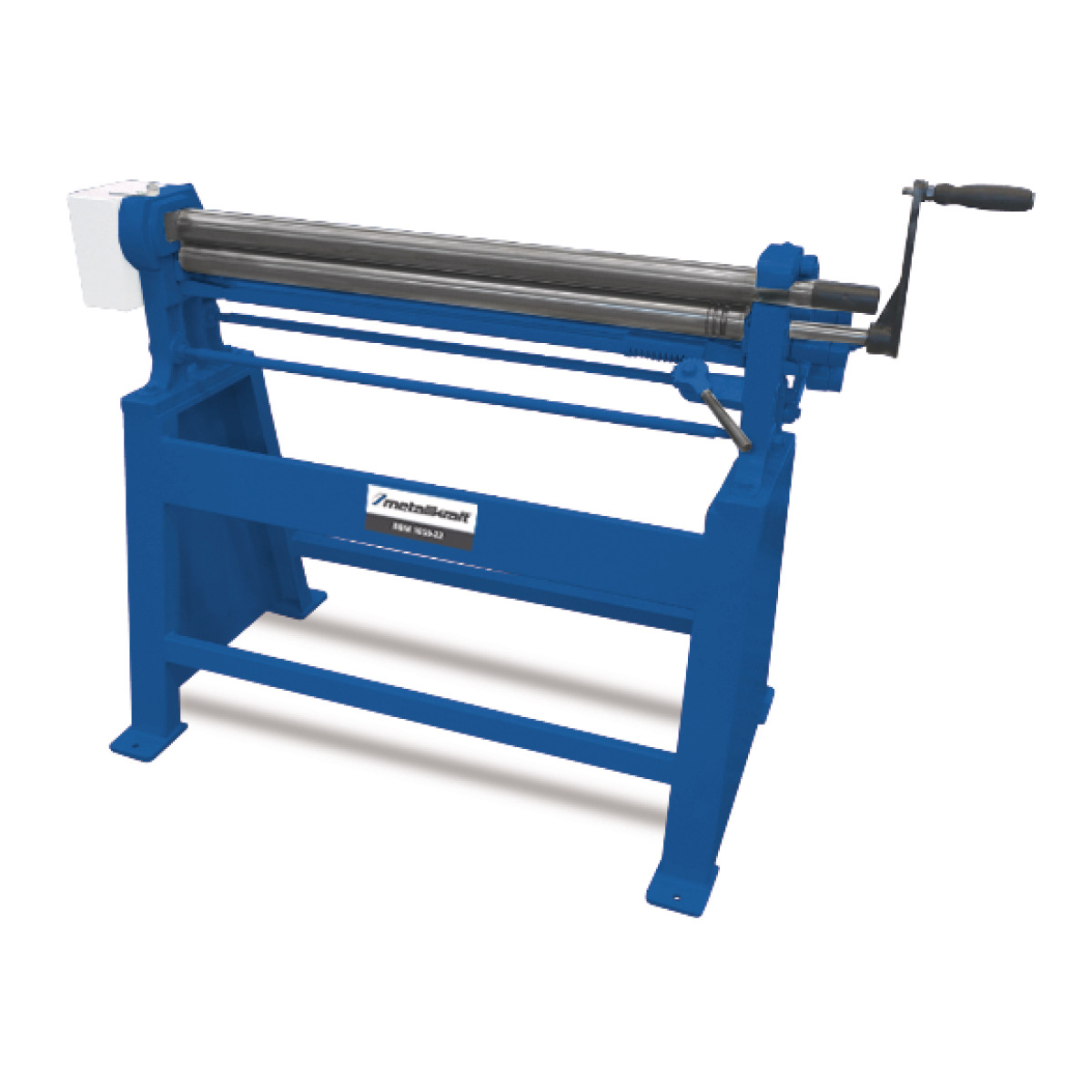 Seitenansicht einer blauen Blechbiegemaschine mit drei Walzen und Handkurbel rechts.