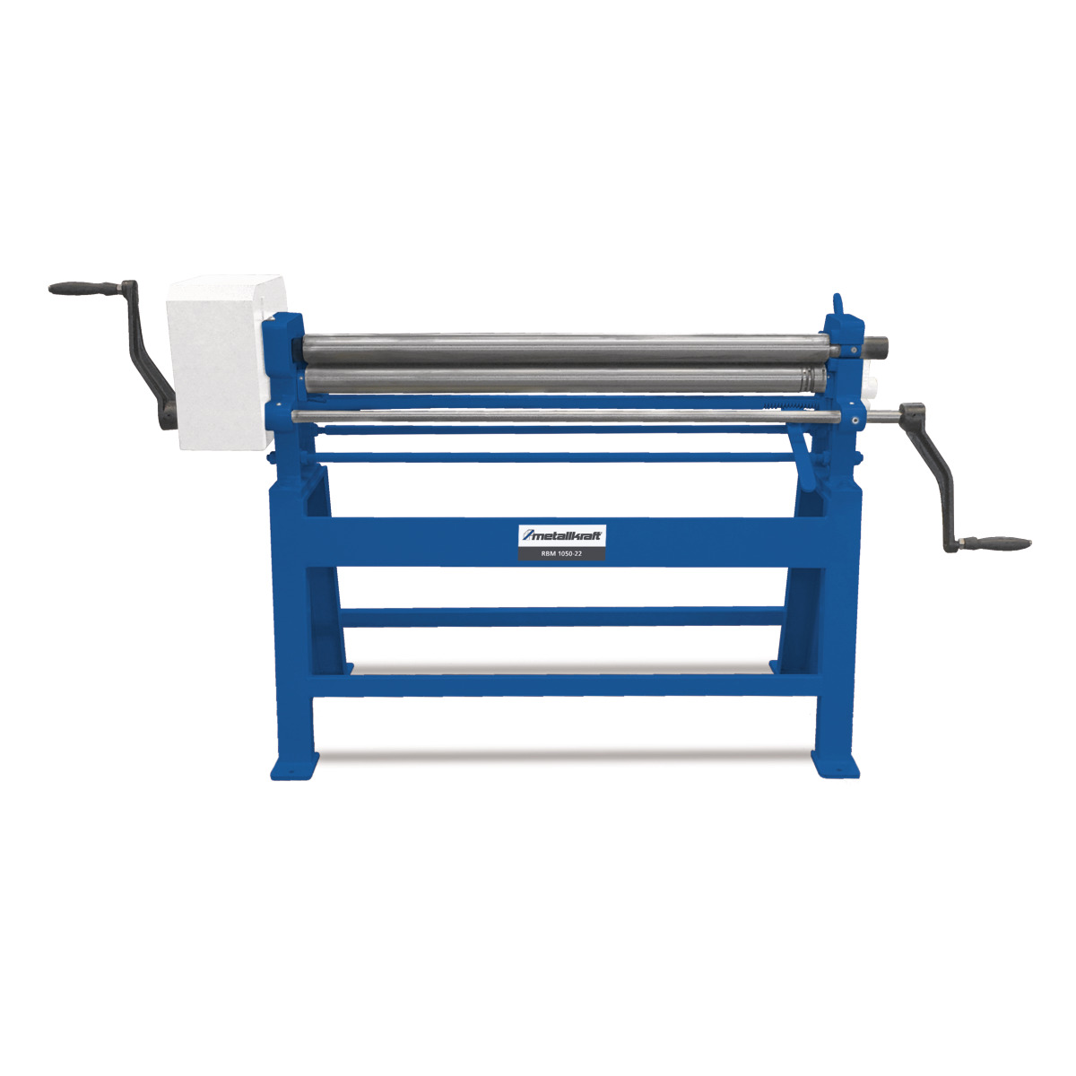 Manuelle Rundbiegemaschine aus blauem Metall mit drei Walzen und zwei Handkurbeln.