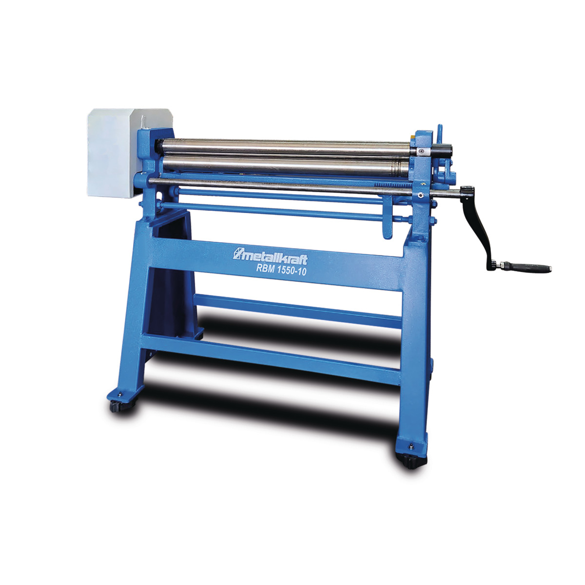 Blaue Rundbiegemaschine mit drei Walzen und Handkurbel auf der rechten Seite.