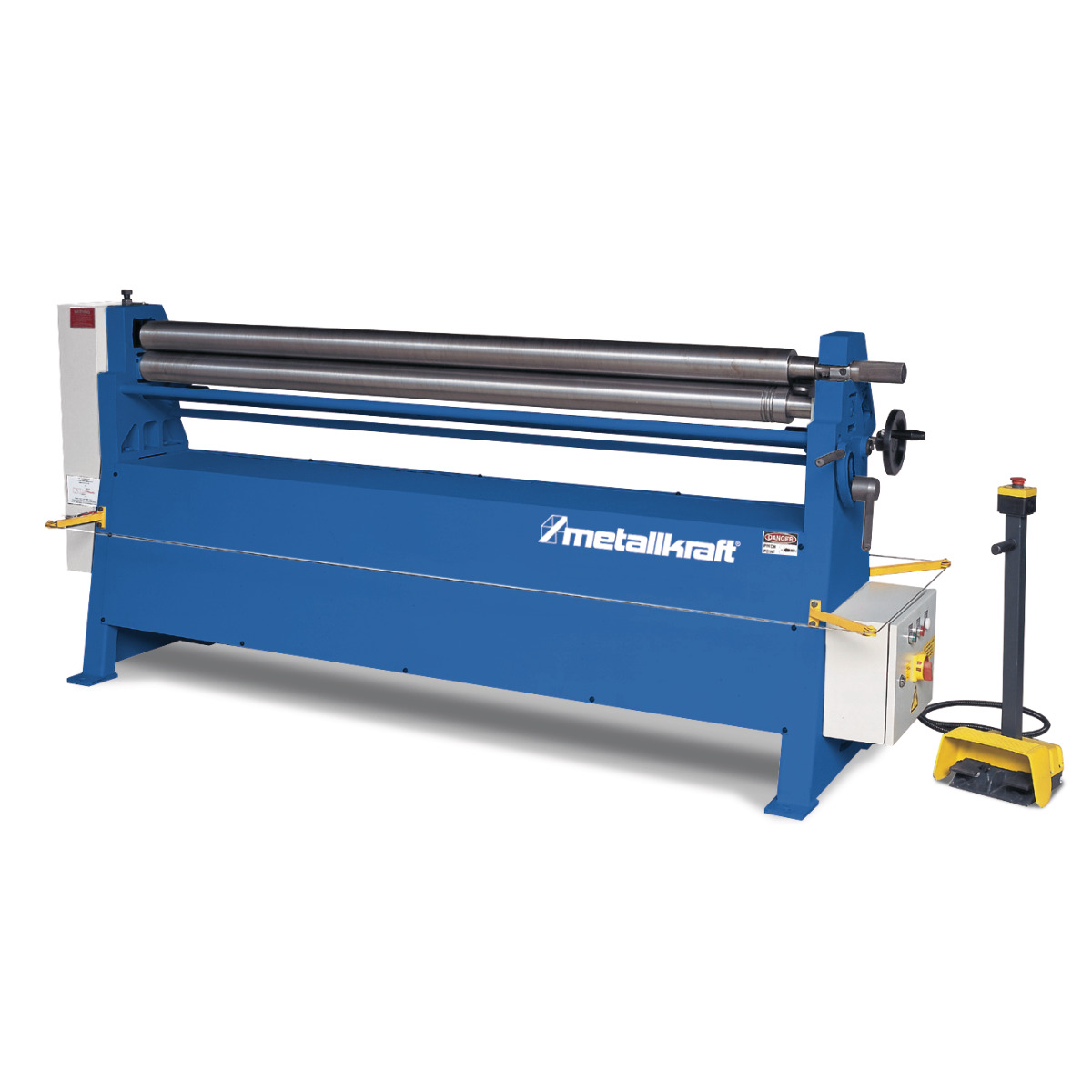 Elektrische Rundbiegemaschine aus blauem Metall mit drei Walzen, Handrad und gelbem Fußpedal.