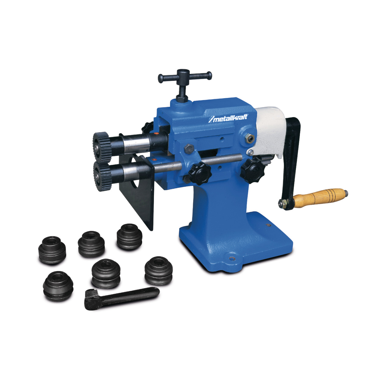 Manuelle Sickenmaschine in blauer Ausführung mit Kurbel und mehreren Wechselrollen.