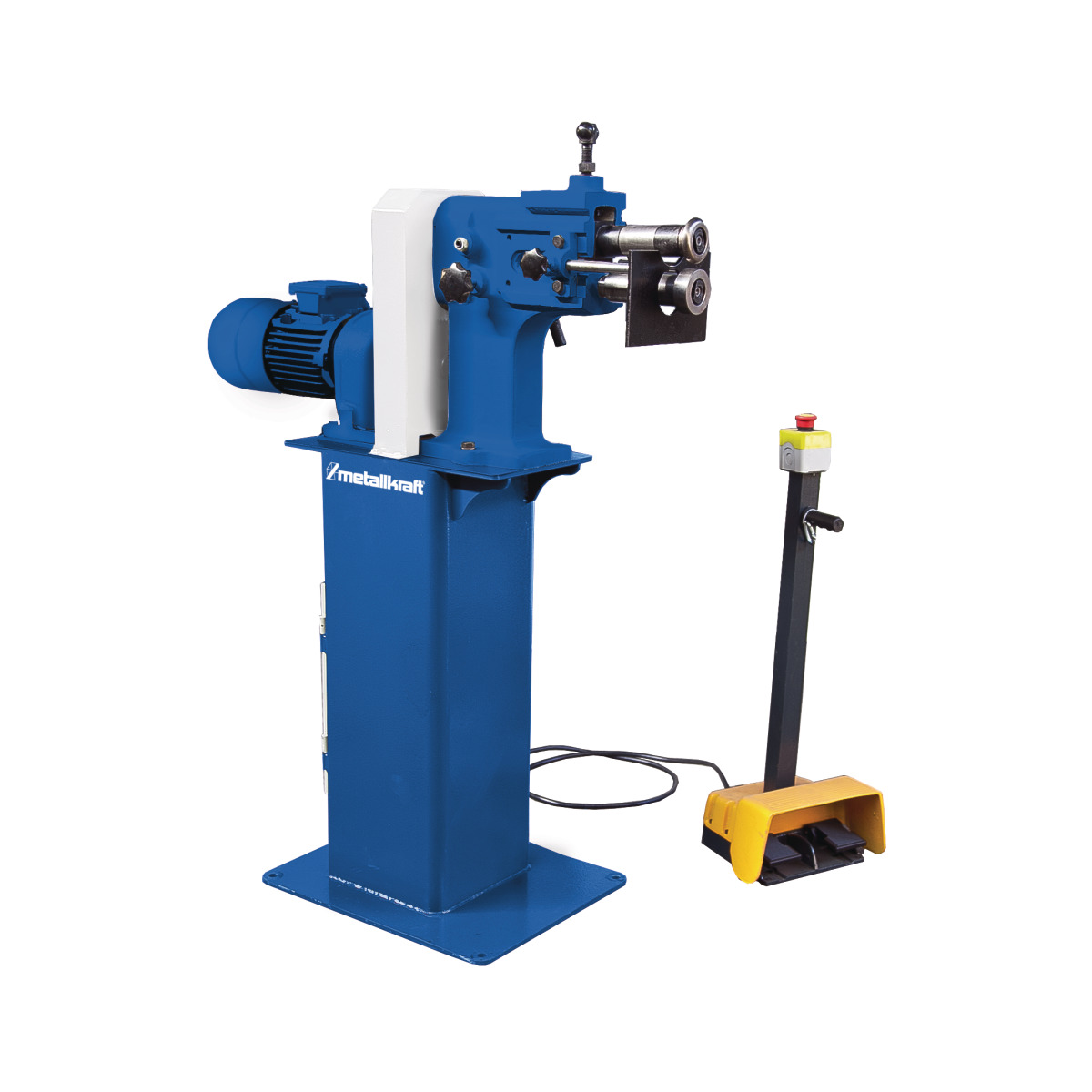 Sickenmaschine mit zwei Walzen, blauem Standfuß und Fußschalter.