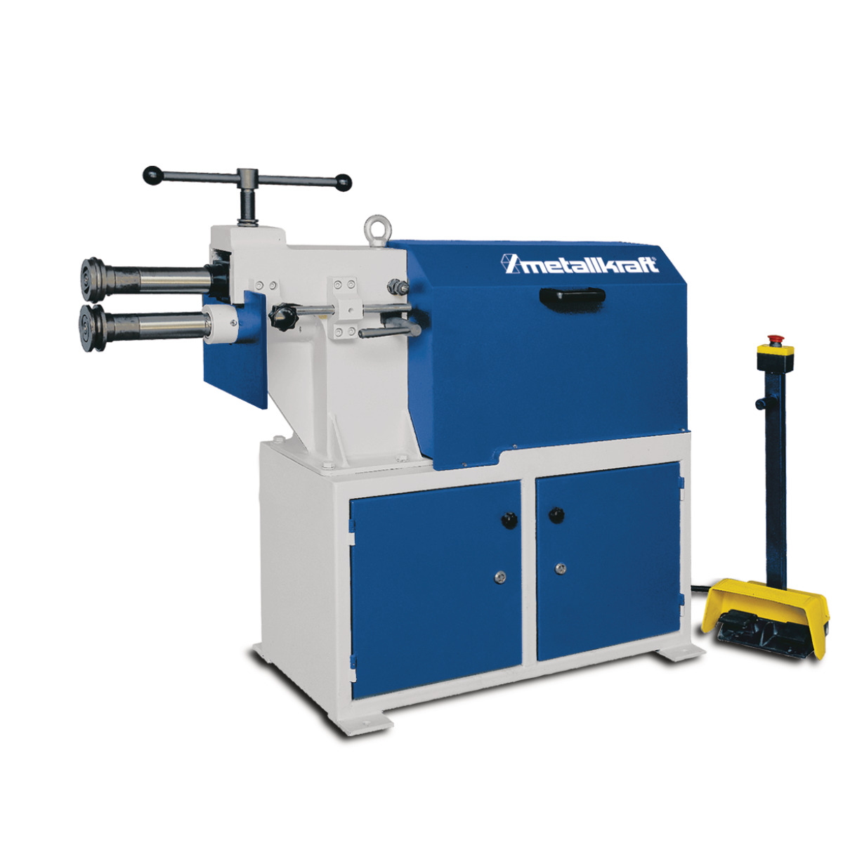 Elektrische Profilbiegemaschine in blau-weißer Ausführung mit Fußschalter.