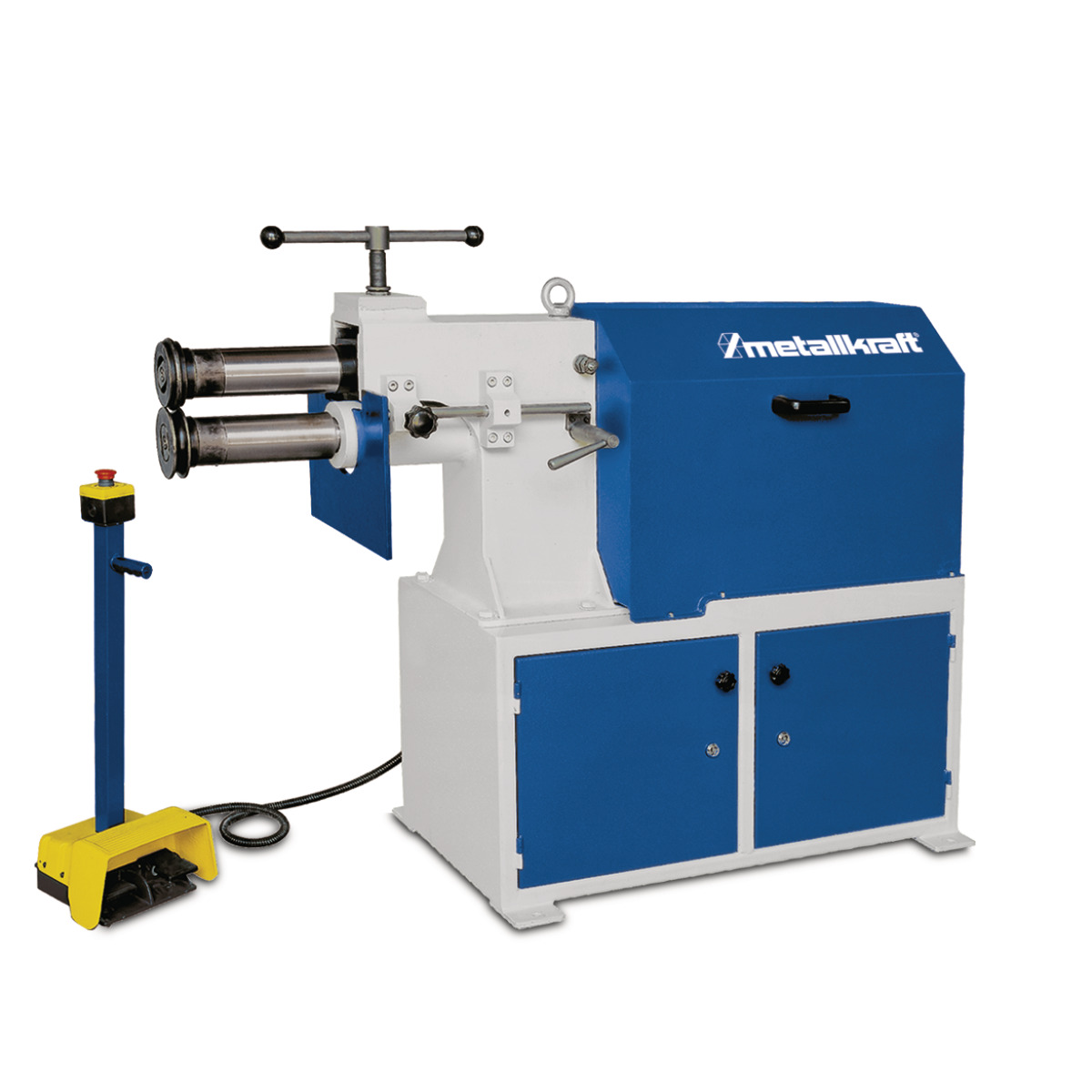 Sickenmaschine mit zwei Walzen, blau-weißem Gehäuse und Fußschalter.