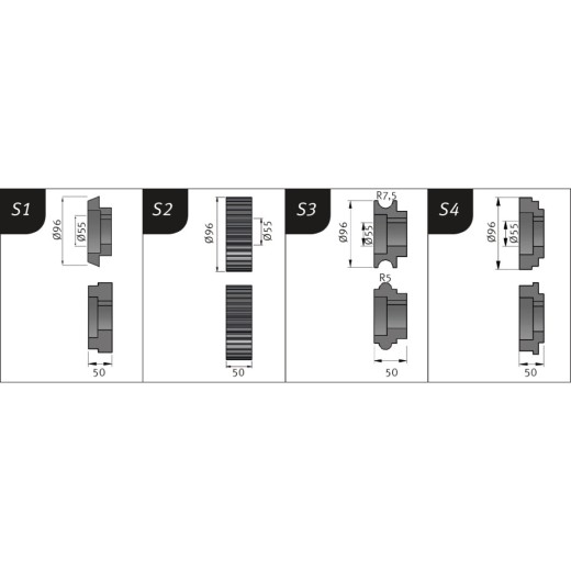 Technische Zeichnung von vier verschiedenen Sickenwalzenprofilen mit Maßen.