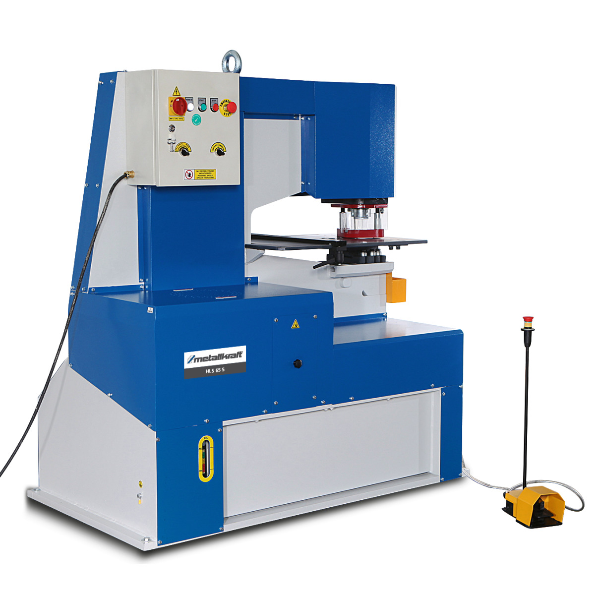 Seitenansicht der Hydraulikstanze Metallkraft HLS 65 S mit Bedieneinheit.