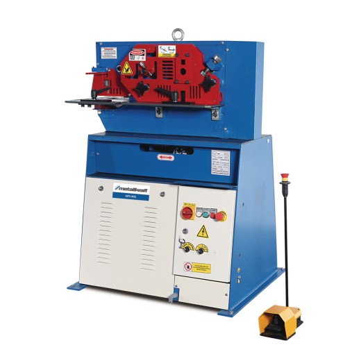 Hydraulische Profilstahlschere/Lochstanze HPS 40 S Gesamtansicht der Metallbearbeitungsmaschine von vorne mit Bedienfeld und Fußschalter.