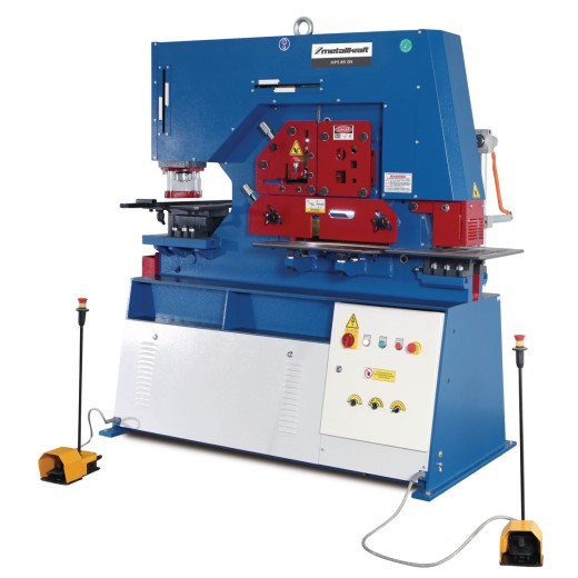 Hydraulische Profilstahlschere/Lochstanze HPS 85 DS Frontansicht der Maschine mit Steuerpult, Fußpedalen und roten Werkzeugmodulen.