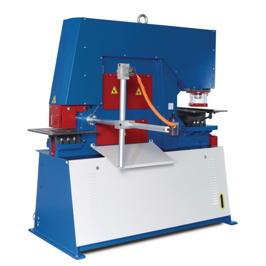 Hydraulische Profilstahlschere/Lochstanze HPS 85 DS Seitliche Ansicht einer Metallbearbeitungsmaschine mit orangem Sicherheitsschlauch.