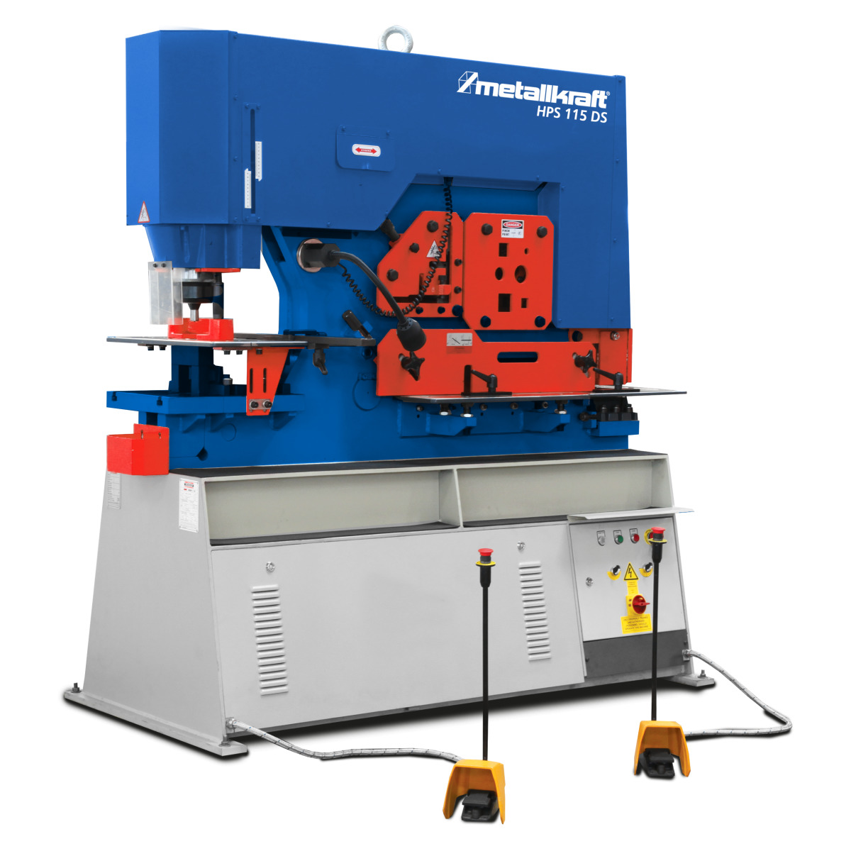 Gesamtansicht der Metallbearbeitungsmaschine mit Steuerpult und Fußschaltern.