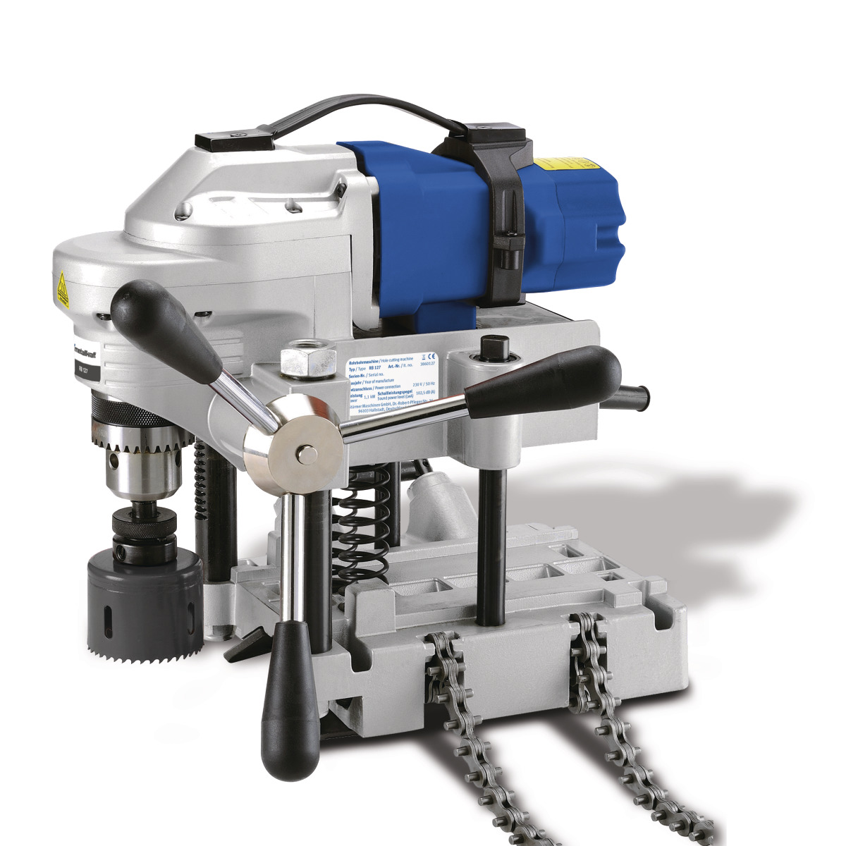 Rohrbohrmaschine mit Spannketten und drei Handgriffen auf weißem Hintergrund.