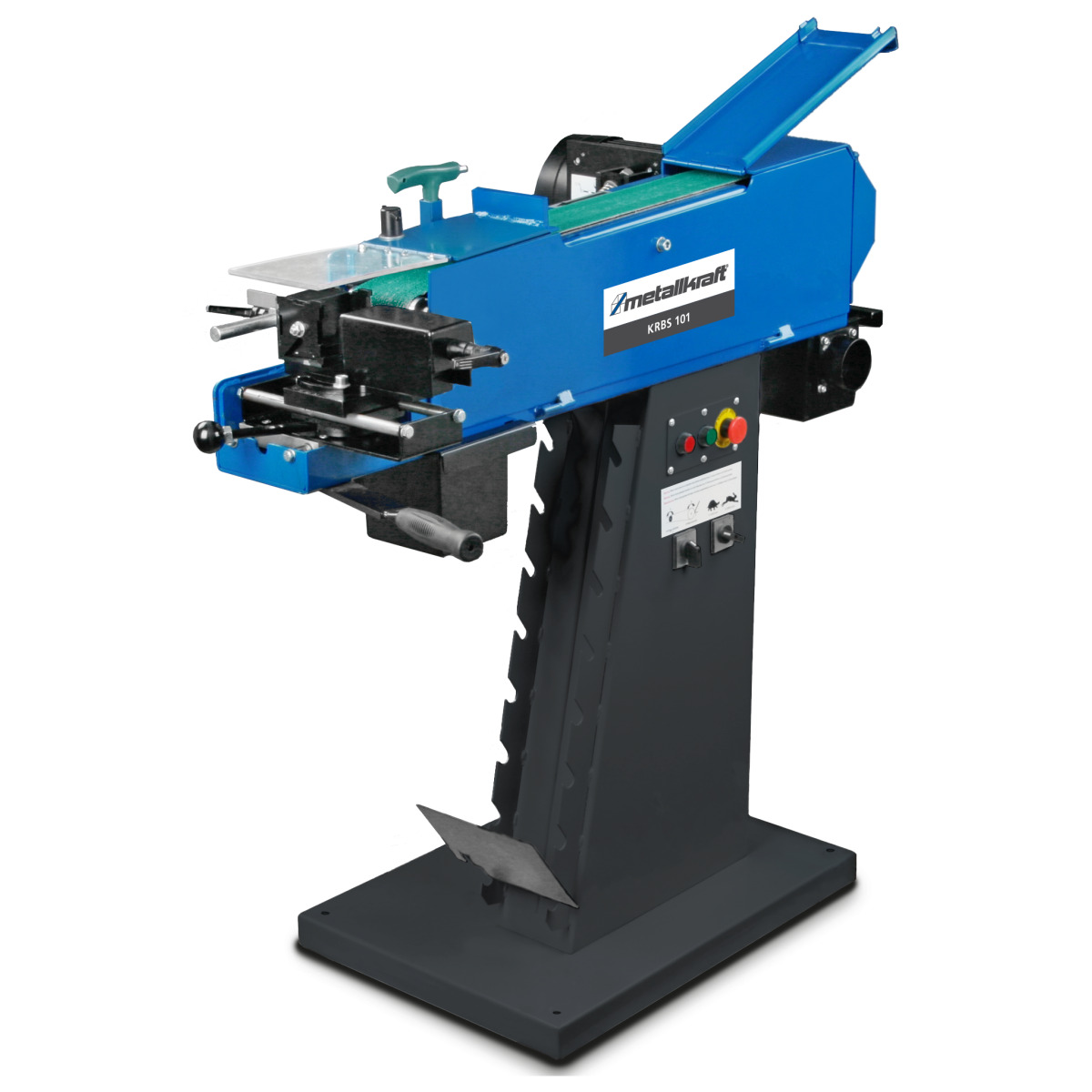 Komplettansicht der blauen Bandschleifmaschine auf schwarzem Standfuß.