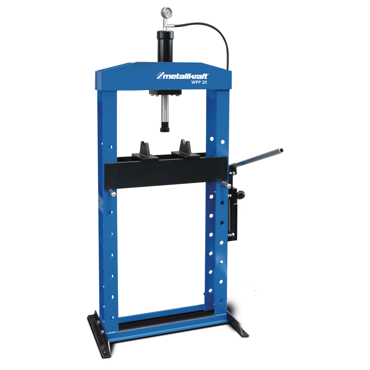Hydraulische Werkstattpresse Metallkraft WPP 20 mit Manometer, Druckzylinder und robustem Rahmen.