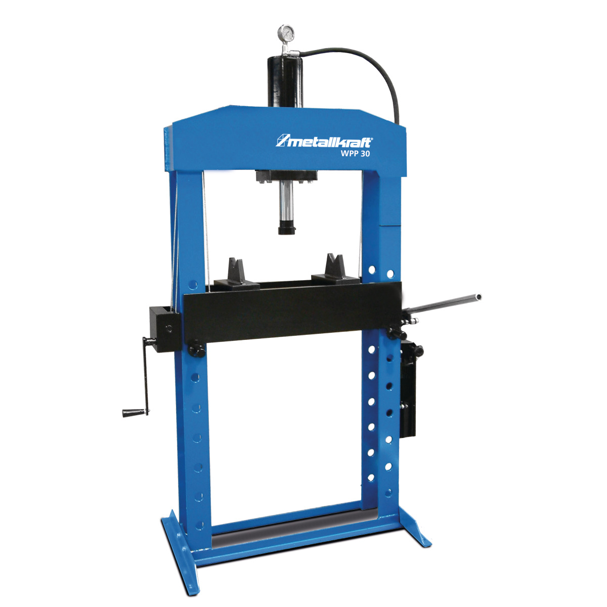Hydraulische Werkstattpresse Metallkraft WPP 30 mit Manometer, Druckzylinder und Kurbel zur Höhenverstellung.