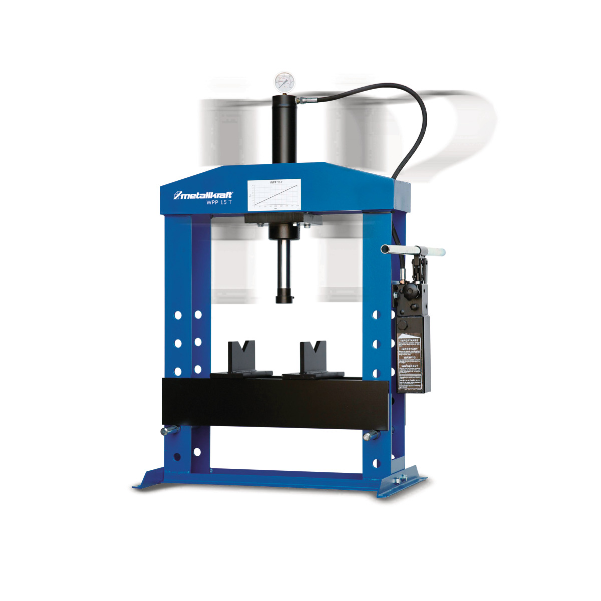 Hydraulische Werkstattpresse mit Manometer, Druckzylinder und stabilem Stahlrahmen.