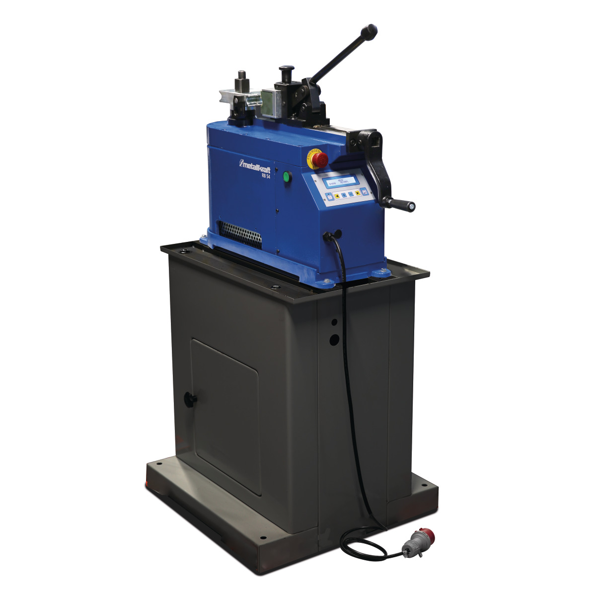 Seitliche Ansicht der Rohrbiegemaschine auf stabilem Ständer mit Anschlusskabel.