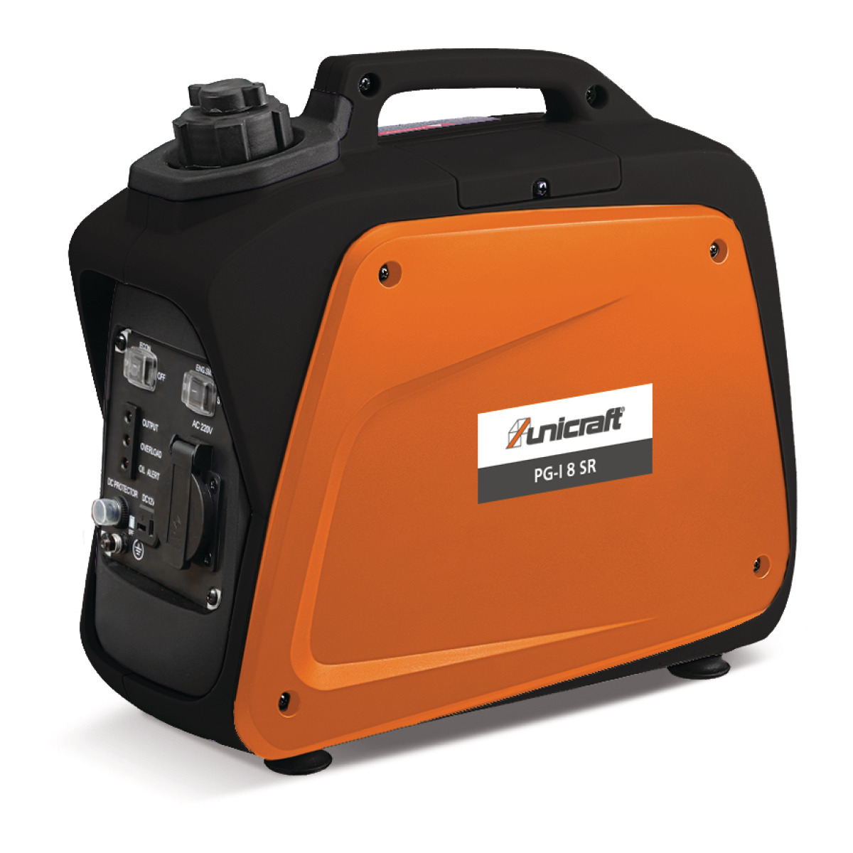 Schräge Rückansicht eines tragbaren Generators mit Griff, oranger Seitenabdeckung und sichtbarem Bedienfeld.