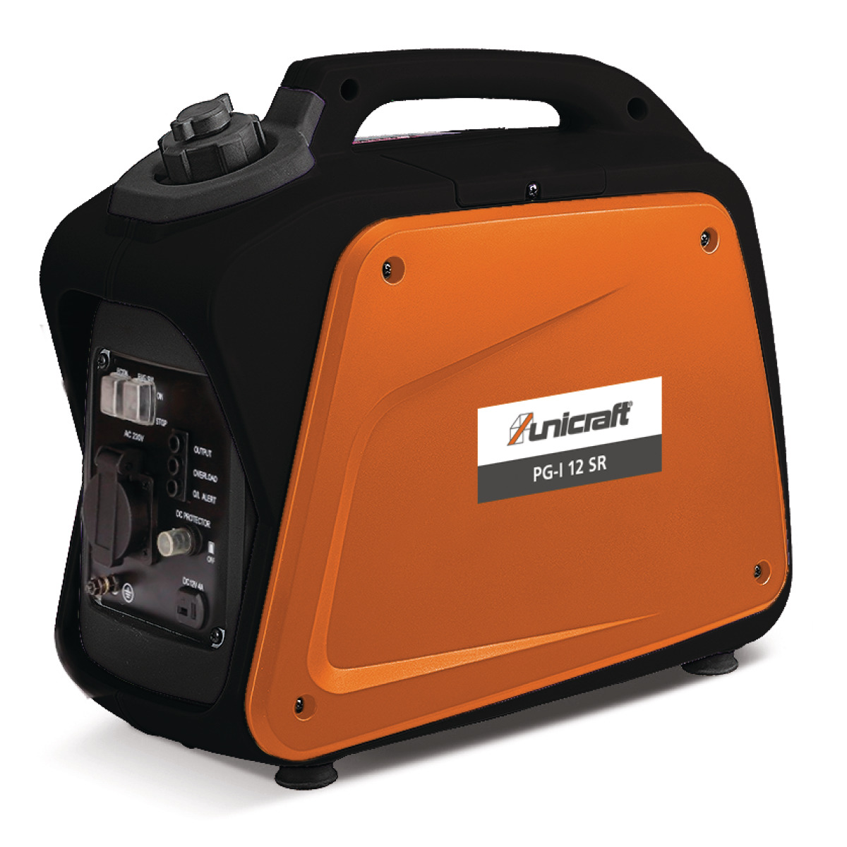 Schräge Rückansicht eines tragbaren Generators mit Griff, oranger Seitenabdeckung und sichtbarem Bedienfeld.
