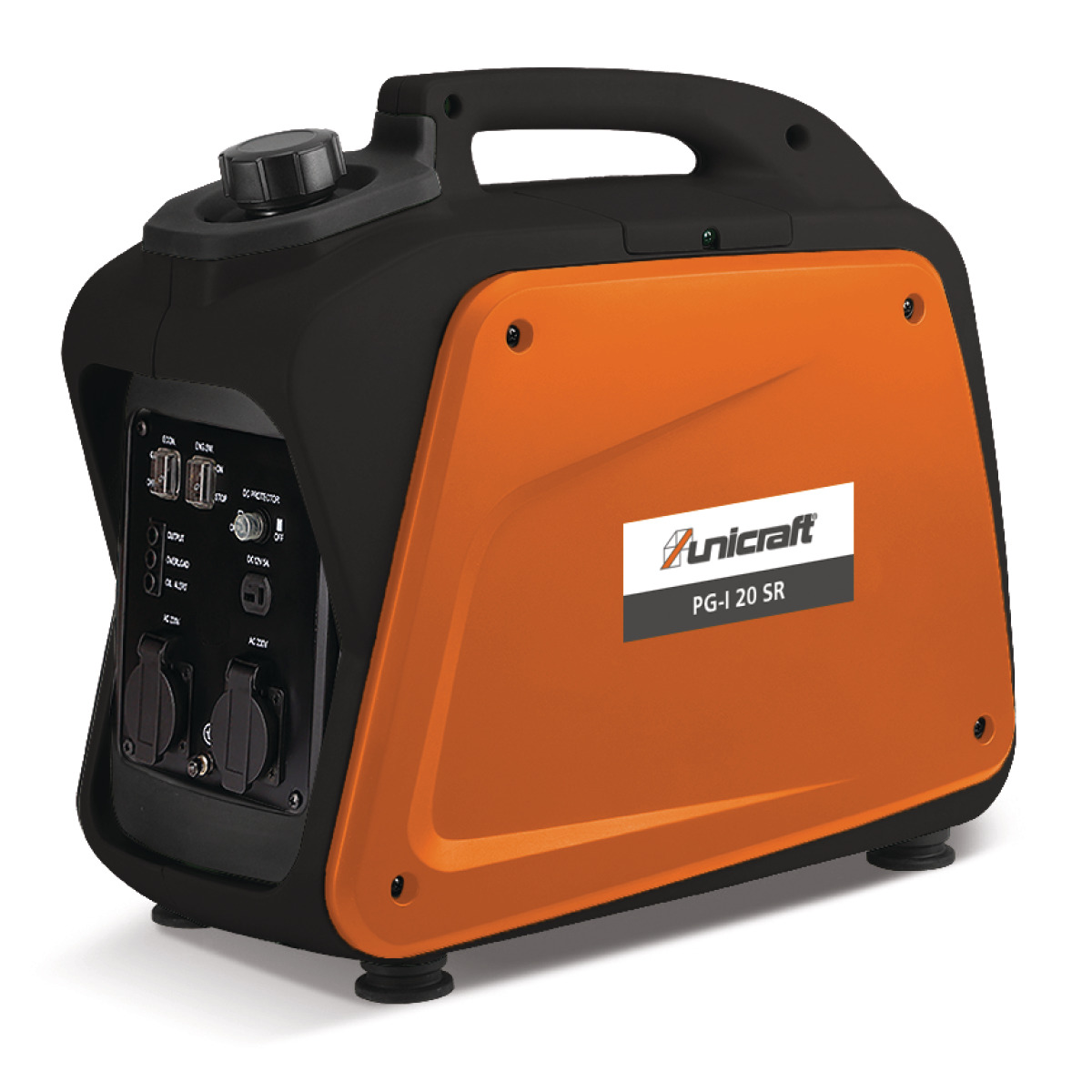 Schräge Rückansicht eines tragbaren Generators mit Griff, oranger Seitenabdeckung und sichtbarem Bedienfeld.