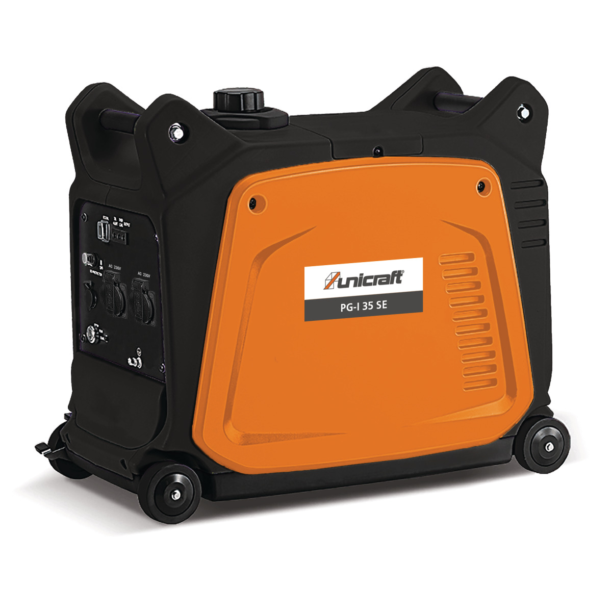 Schräge Rückansicht eines tragbaren Generators mit Griff, oranger Seitenabdeckung und sichtbarem Bedienfeld.