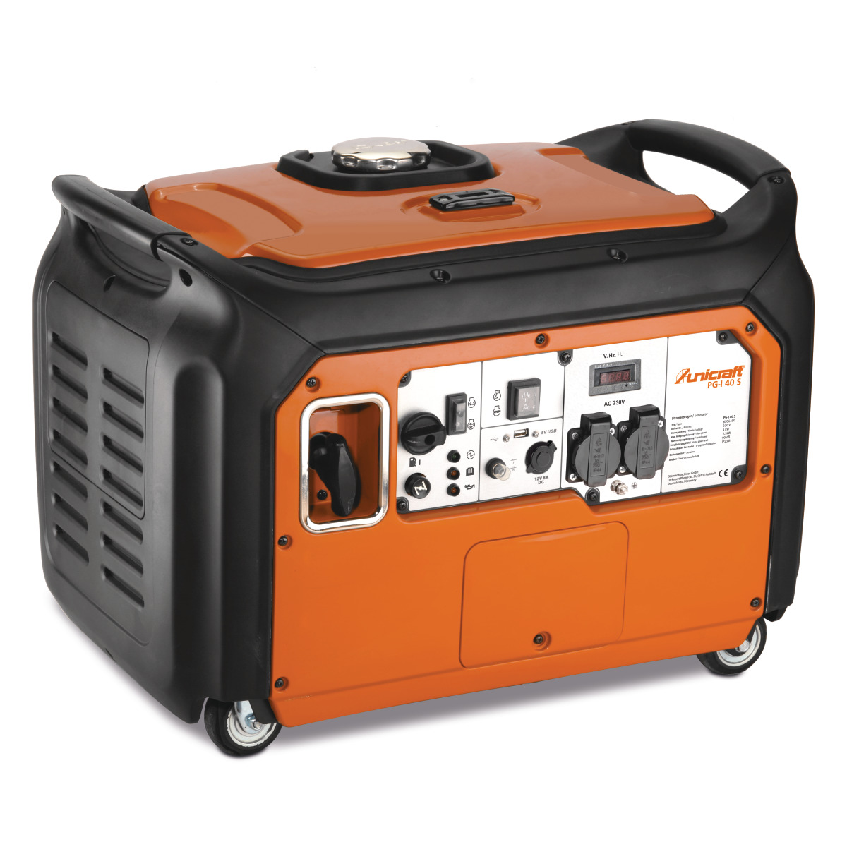 Schräge Vorderansicht eines tragbaren Generators mit schwarzem Rahmen, oranger Front und Rollen.