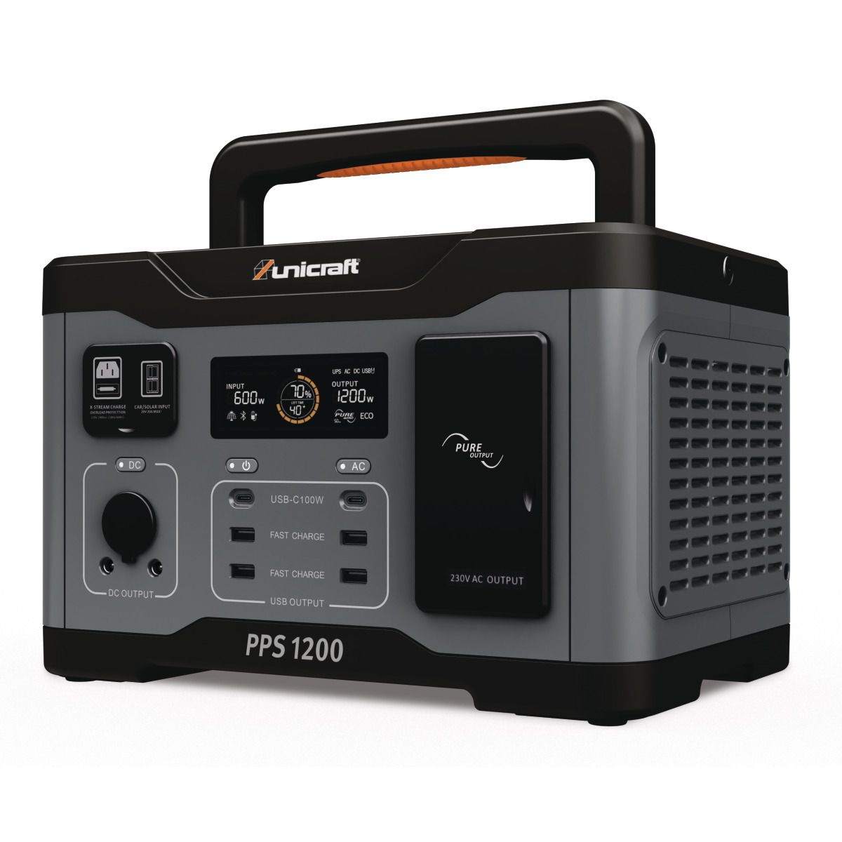 Schrägansicht rechts der Powerstation PPS 1200 mit Display, Anschlüssen und Lüftungsgitter.