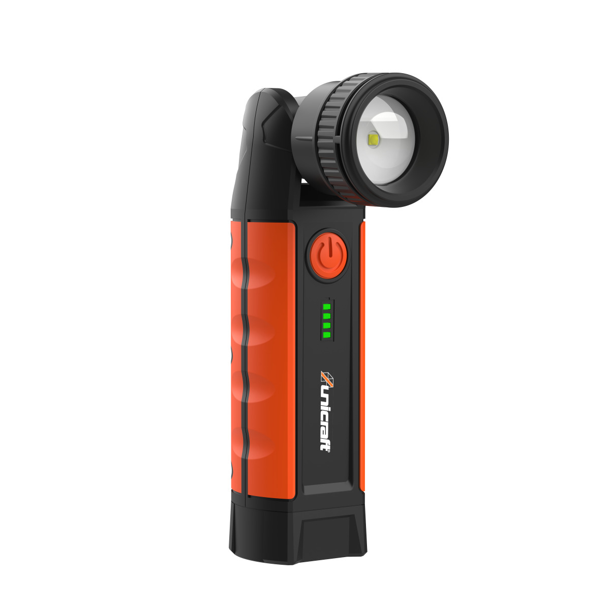 Schrägansicht der Lampe mit schwarzem Kopf, Power-Taste und Ladeanzeige.