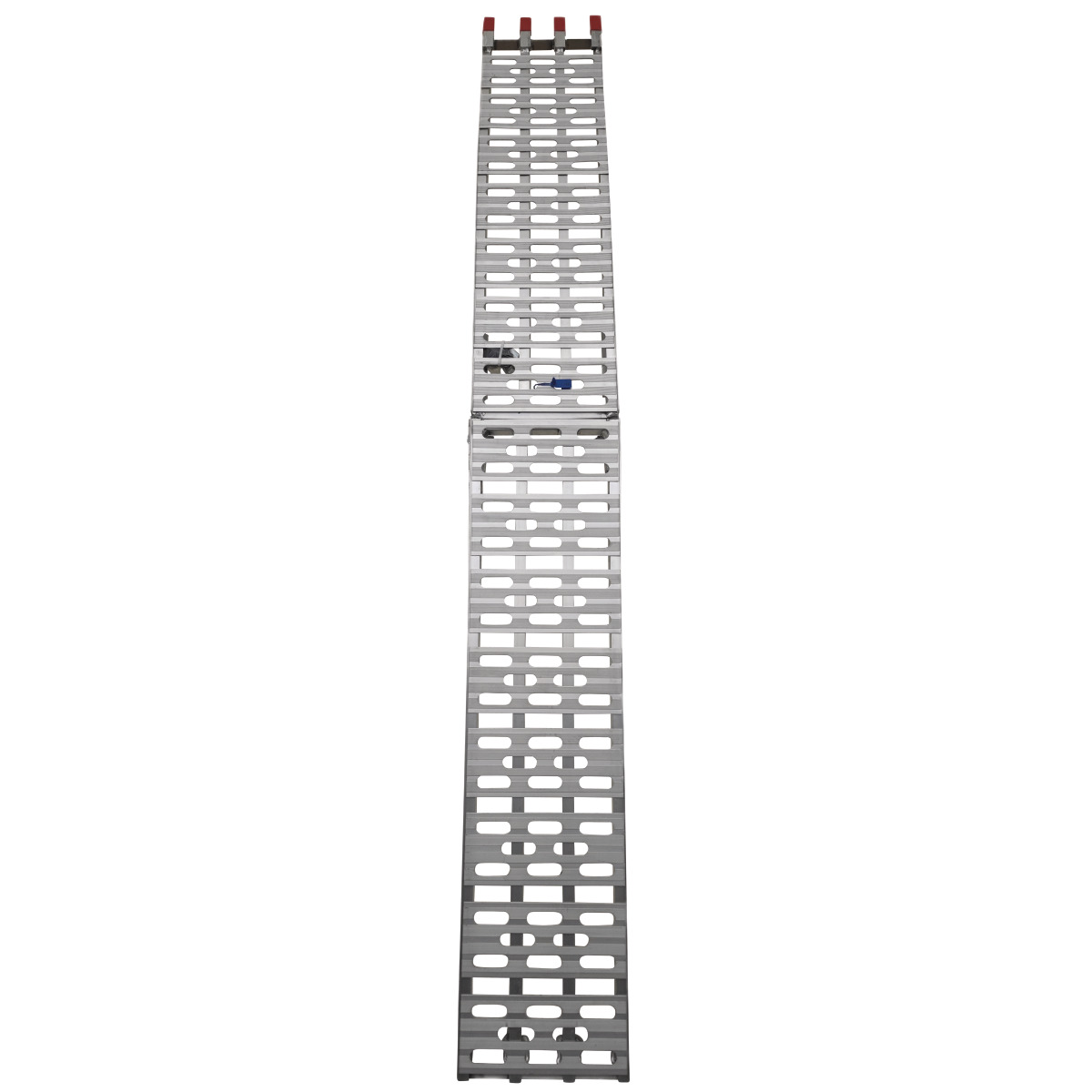 Verladerampe AR 660-2,24 K Silberfarbene, klappbare Verladerampe aus Metall mit länglichen Aussparungen, mittigem Klappgelenk und roten Auflagehaken.