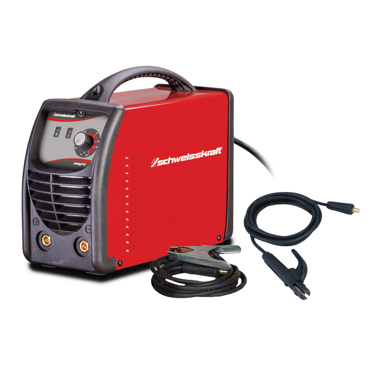Rotes Schweißgerät mit schwarzem Griff und Bedienelementen, daneben zwei Schweißkabel mit Klemme und Elektrodenhalter.