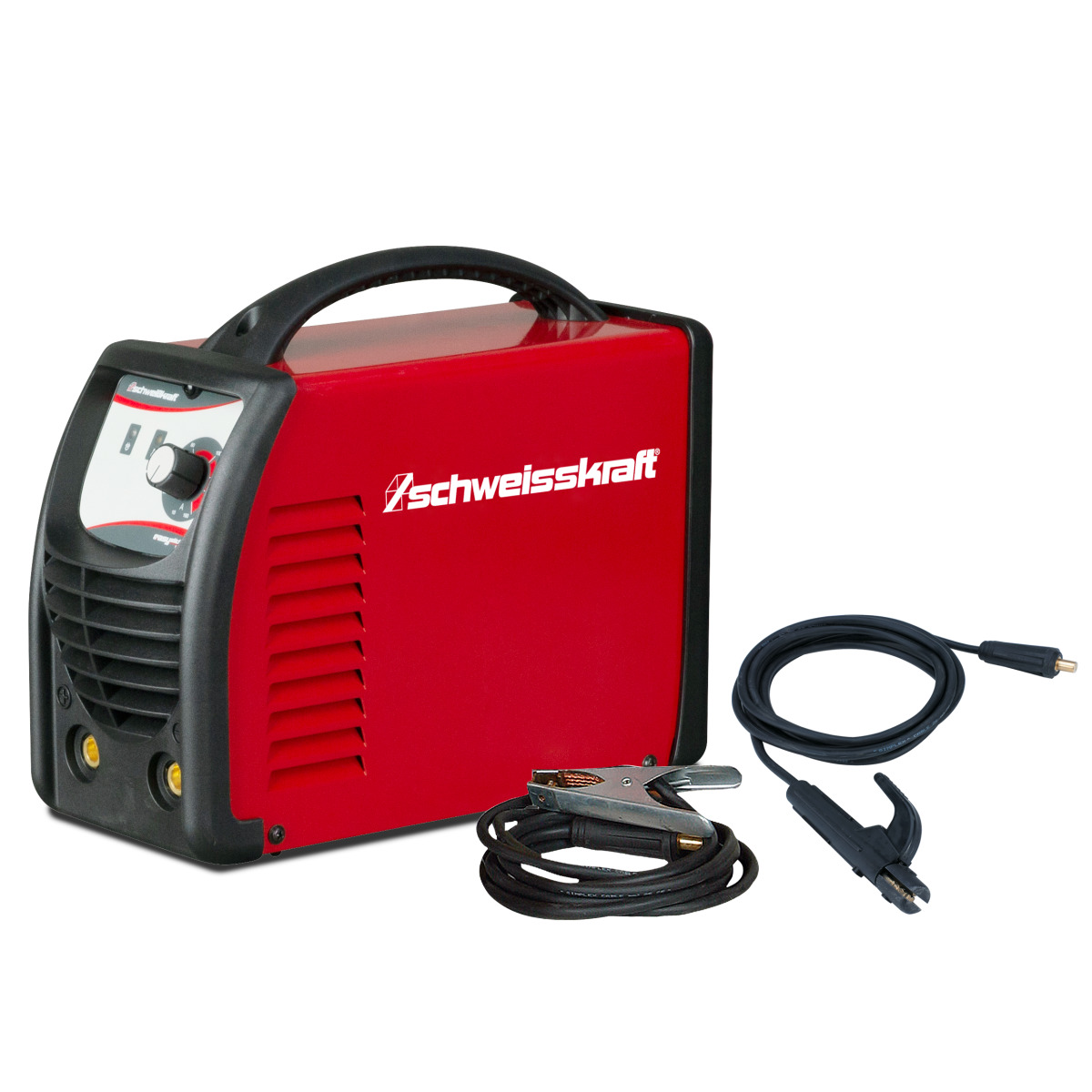 Rotes Schweißgerät mit Griff, Kabeln und Elektrodenklemme auf weißem Hintergrund.