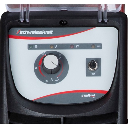 Plasma-Schneidgerät CRAFT-CUT 41 Nahaufnahme der Bedienoberfläche mit Drehregler, Kippschalter und Symbolanzeigen des Plasmaschneidgeräts.