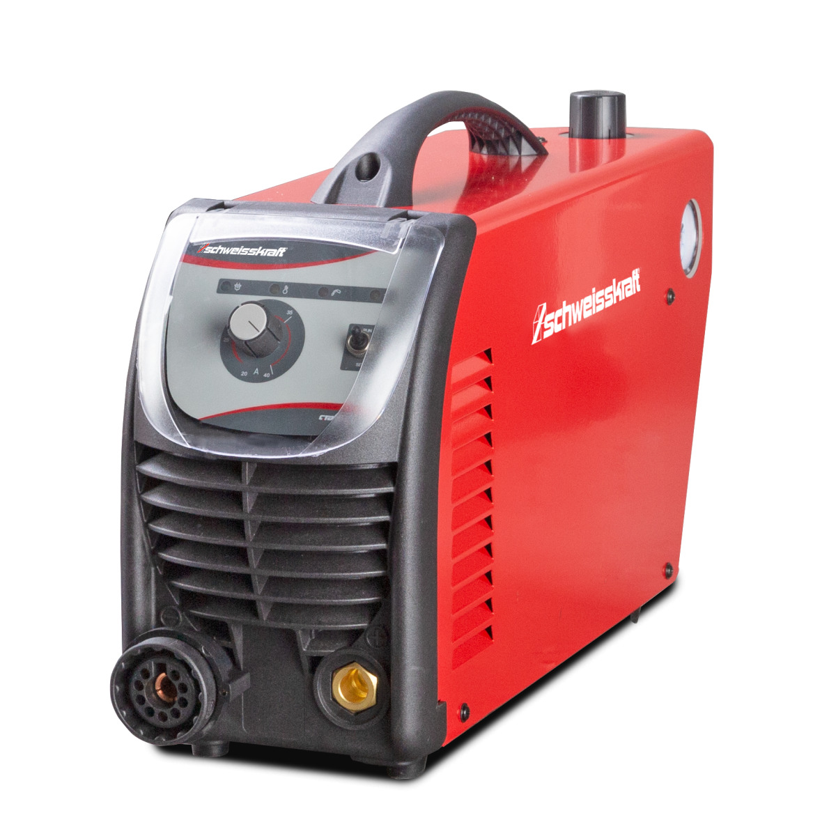 Rotes Plasmaschneidgerät mit schwarzer Front, Tragegriff und seitlichem Manometer, fotografiert von schräg vorne.
