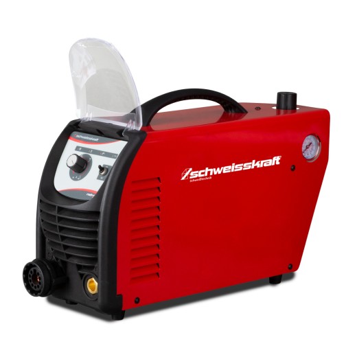 Plasma-Schneidgerät CRAFT-CUT 41 Rotes Plasmaschneidgerät mit schwarzer Front, Tragegriff und seitlichem Manometer, transparente Schutzabdeckung geöffnet.